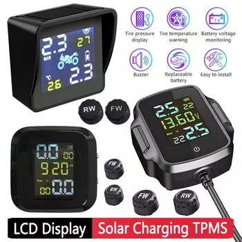 Система контроля давления в шинах автомобиля TPMS 2 внешних датчика ЖК-дисплей Предупреждение о температуре Беспроводные солнечные детали для мотоциклов 03