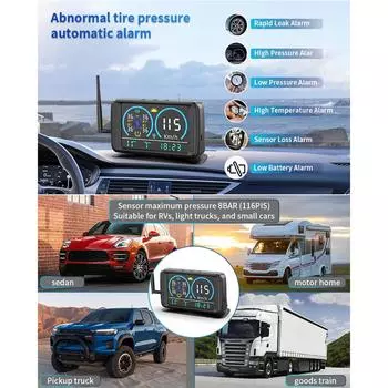 Система контроля давления в шинах с 4 датчиками, 4 режимами сигнализации, питанием от солнечной батареи, GPS почасовой чёрный