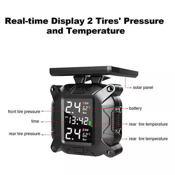 Система контроля давления в шинах TPMS для мотоциклов Солнечная беспроводная зарядка IP67 Водонепроницаемый с 2 чёрный