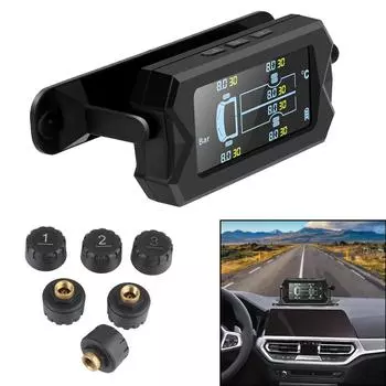Система контроля давления в шинах Водонепроницаемая с 6 внешними датчиками Беспроводная солнечная цифровая ЖК-сигнализация Автомобильный внедорожник Грузовик TPMS Регулируемый кронштейн на 180°