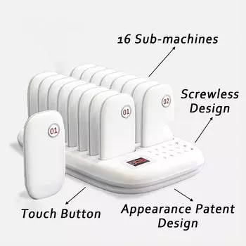 Система пейджера для ресторанов, пейджеры для ресторанов, функция отключения звука, макс. 998 пейджеров, сенсорная клавиатура, 16 пейджеров, для церкви, больницы, клиники UK белый