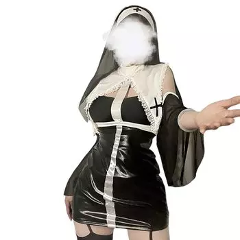 Sister Nun Sexy Cosplay 6 Piece Set Black White Tight Skirt Maid Cross Saint Costume Cute Temptation Erotic Lingerie Saint Choir Church Pastor Women