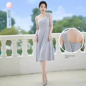 Sisters Group Dress Classy Plus Size Spring and Summer Bridesmaid Dress Gray [A shoulder] Mid Length Long Length L