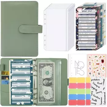 Sitengle A6 6 Бюджет PU 12 Удобный набор с домашними деньгами, домашними счетами, деловыми записками, системой блокнотов с отрывными листами, отверстиями, переплетом, зелёный