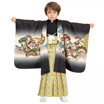 Ситигосан Мальчик 5 лет Кимоно и Хакама Комплект Узор Эба Хакама лет Барабан Золотой [KYOETSU] [Кёэцу] (5 размеров, 3-Black-Hawk (Хакама парча))