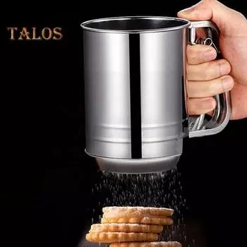 Сито для муки. Просеиватель для муки из нержавеющей стали. Ручной просеиватель для муки. Двухслойный сахарный шейкер с ручным прессом. серебряный