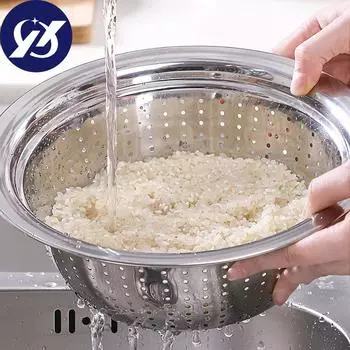 Сито для мытья риса с отверстиями из нержавеющей стали Puntos, сливная чаша для фруктов и овощей 24cm серебряный
