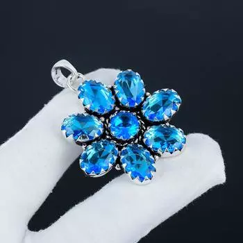 Подвеска-цветок из серебра 925 пробы с драгоценным камнем швейцарский голубой топаз - Ручная работа, дизайн груша , украшение для повседневной носки, подарок на свадьбу 2.36 синий