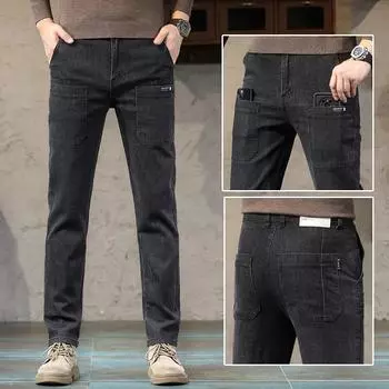 Six Pockets Jeans Men s New Elastic Slim Tide Brand Loose Straight Casual Long Trousers Trend 28 темно-синий