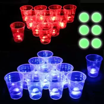 Six Senses Media Dark Beer Pong Set Набор для вечеринки с пивным понгом со светодиодными чашками для пивного понга и светящимися в темноте шариками, 22 набора, прозрачные
