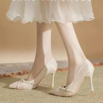 Size 34-40 Pointed Stiletto Heel Satin Pearls Buckle High-heeled Shoes for Women White Wedding Shoes 34 бежевый
