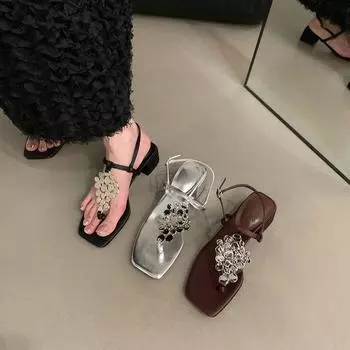 SIZE 34 Square-toe Ankle Strap Sandals Woman Square Heels Flat Banquet Party Shoes Ladies One-word Buckle Sexy Heels Sandalias 35