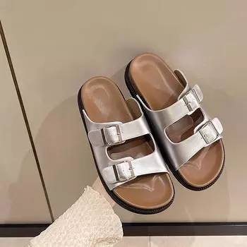 Size 35-40 Real Leather Women S Slippers 2024 Summer Soft Cork Buckle Flip Flops Women Beach Casual Woman Shoes 35 бежевый