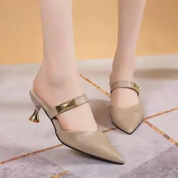 Size 35-42 New Women Heels Golden Rivet Pointed Toe Summer Elegant Women s Sandals Fashion Beige Ladies Casual Mid Heels Sandals 35 абрикосовый