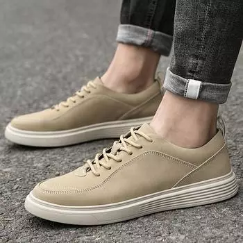 Size 38-45 Men Cowhide Casual Fashion Breathable Lace-up Leather Shoes Board Shoes Men s Beige/gray Rubber Outsole Casual Shoes 38 бежевый