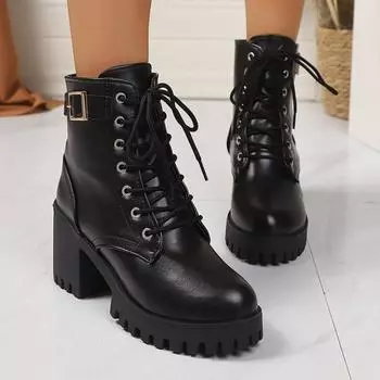 Size 42 large size thick heel leather boots women s new round head lace-up medium tube women s shoes fashionable versatile Martin boots 35