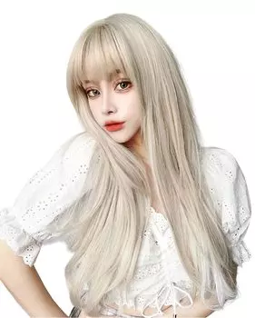 Sizuuenn Длинные волосы Длинные прямые Микро Объемные точки Белое золото Парик Привлекательные глубокие челки Полный парик Термостойкий парик Высокотемпературная нить для волос