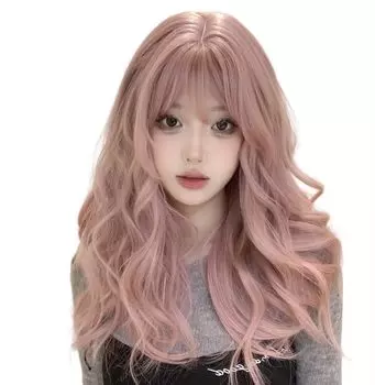 Sizuuenn Длинные волосы Кудрявые челки Розовый парик Пузырьковый кристалл Роза Розовая Маленькое лицо Модный термостойкий парик Высокотемпературная нить для волос Косплей