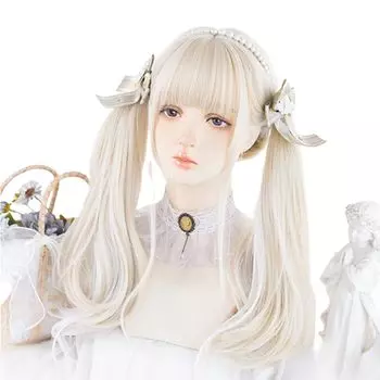 Sizuuenn Lolita Ladies Полный парик Длинные волосы Двойной хвостик Глубокая челка Рисово-белый Платиново-белый Окрашенный белый парик Маленькое лицо Модный термостойкий парик