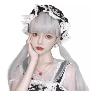 Sizuuenn Lolita Ladies Полный парик Прямые длинные волосы Двойной хвостик Глубокая челка Серебристо-белый парик Ночная фея Маленькое лицо Модный термостойкий парик Высокий