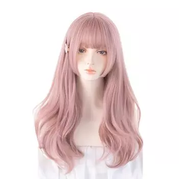 Sizuuenn Lolita Ladies Полный парик, вьющиеся длинные волосы, челка, светло-розовый парик, маленькое лицо, модный термостойкий парик, высокотемпературная нить для волос