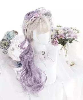 Sizuuenn Lolita Single Tail Длинные волосы Вьющиеся волосы Градиентный фиолетовый парик Милый пепельный термостойкий парик Высокотемпературная нить для волос Косплей Парик выделенный