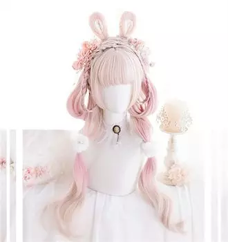 Sizuuenn Lolita Twin Tails Long Hair Curly Hair Gradient Pink Wig Cute Heat Resistant Wig High Temperature Hair Thread Cosplay Wig Dedicated Net For