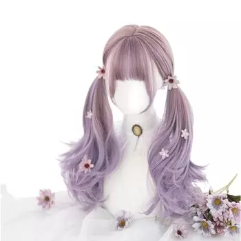 Sizuuenn Lolita Twintail Long Hair Gradient Purple Wig Cute a Flower Heat Resistant Wig High Temperature Hair Thread Cosplay Wig Dedicated Net For