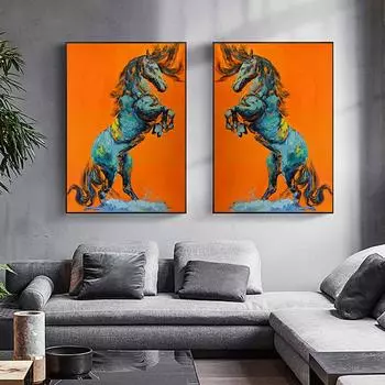 Скандинавская абстрактная картина маслом лошади на холсте, оранжевые, синие лошади, постеры и принты для гостиной, настенное искусство, домашний декор, Cuadros 21cm30cm NoFrame