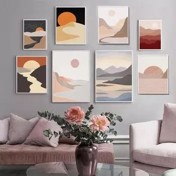 Скандинавская абстрактная картина на холсте с изображением солнца и луны, современные линии, цветной блок, постер, геометрические настенные панно с горами для декора гостиной 21cm30cm NoFrame