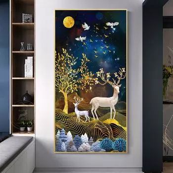 Скандинавская абстрактная картина с белым лосем и золотым деревом на холсте, пейзажные постеры и принты, настенные художественные картины для гостиной, домашний декор 20*40cm