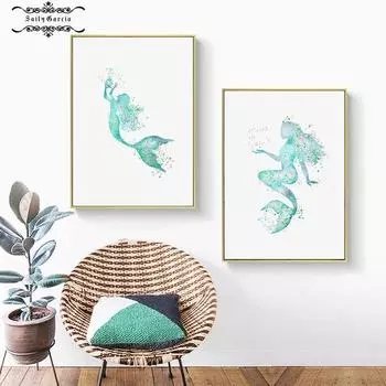 Скандинавская абстрактная синяя русалка, настенная живопись на холсте, современные минималистичные постеры и принты, картина для гостиной, домашний декор 21*30cm