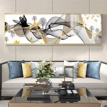 Скандинавская абстрактная Золотая Черная лента, холст, картина, олень, дерево, постеры и принты, настенные панно для гостиной, домашний декор, без рамки 20x60cm No Frame