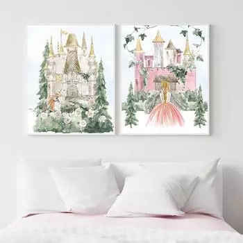 Скандинавская акварель, волшебное искусство, холст, картина, постер, подарок для дочери, декор для детской комнаты, замок принцессы, сказочный принт 21x30cm No Framed