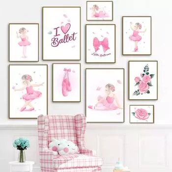Скандинавская балетная девушка с розовым цветком для детской комнаты на заказ, холст с принтом, постер, настенная живопись, принт, настенные картины, декор для комнаты для маленьких девочек 21X30cm No Frame
