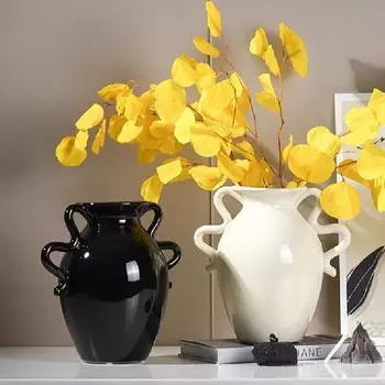 Скандинавская черная керамическая ваза, ваза с украшениями, ваза для сухоцветов в стиле ретро, современный минималистский декор для настольного цветочного горшка, украшение для дома грязно-белый