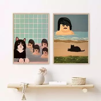 Скандинавская черная кошка, забавная картина, картина маслом, абстрактная кошка, настенный художественный постер, минимализм 21cm30cm NoFrame