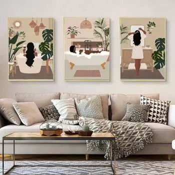 Скандинавская черная женщина, примите ванну, настенная живопись на холсте, постеры и принты, художественные настенные картины для гостиной, домашний декор 21X30cm No Frame