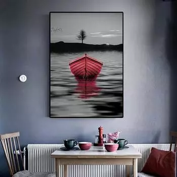 Скандинавская черно-белая красная картина с лодкой и озером, пейзаж, постер, печать, живопись, фреска для гостиной 21cm30cm NoFrame
