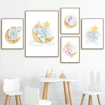 Скандинавская детская комната, украшение для детской комнаты, картина с жирафом, луной, звездой, детский постер, детский принт, мультяшное животное, настенная живопись на холсте 21cm30cm NoFrame