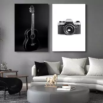 Скандинавская камера, гитара, черно-белая фотография, настенная живопись, холст, постер и принт, настенная картина для гостиной, скандинавский декор 21X30cm No Frame