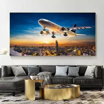 Скандинавская картина на холсте, закатные огни, самолет, газон, плакаты и принты, настенные художественные картины для гостиной, домашний декор, без рамки 20cm40cm NoFrame