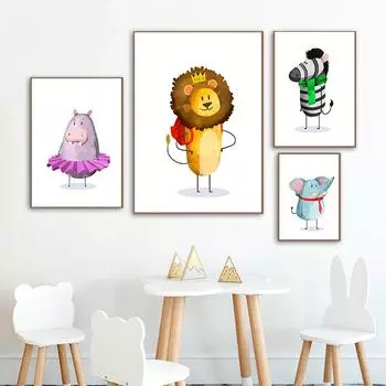 Скандинавская картина с изображением животных из мультфильма, лев, слон, зебра, постеры и принты, настенная художественная картина для детской комнаты, декор для детской комнаты 21cm30cm NoFrame