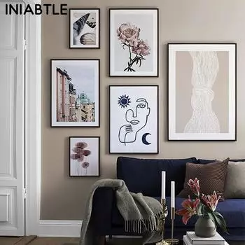 Скандинавская линия архитектуры, цветок, растение, настенное искусство, абстрактная живопись, холст, печать плакатов, скандинавская картина, гостиная, домашний декор 21cm30cm NoFrame