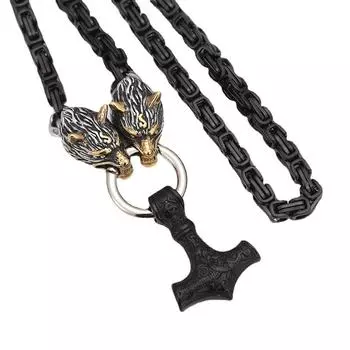 Скандинавская мифология, нержавеющая сталь, подвеска с молотком Тора викингов, голова волка, черная императорская цепочка, ожерелье 40CM