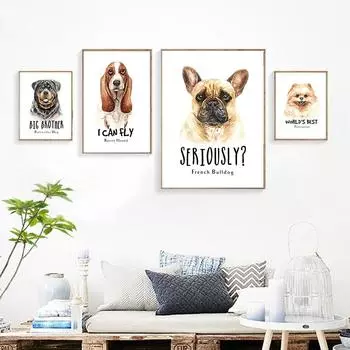 Скандинавская простая милая собака Бассет-хаунд Ротвейлер Померанский шпиц Французский бульдог Текстовая роспись Гостиная Диван Украшение стены Безрамное 21*30cm
