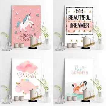 Скандинавская розовая серия для девочек, настенный художественный постер, милый единорог, украшение для детской комнаты, дома 21cm30cm NoFrame