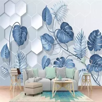 Скандинавская ручная роспись синих 3D фотообоев с тропическими растениями и листьями домашнего декора на заказ, настенная бумага для декора спальни 200 cm(W) x 140 cm(H)