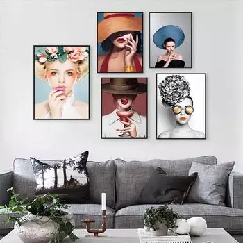 Скандинавская женщина в шляпе модный постер холст печать настенная живопись простая художественная картина современное украшение для дома без рамки 21*30cm No Frame