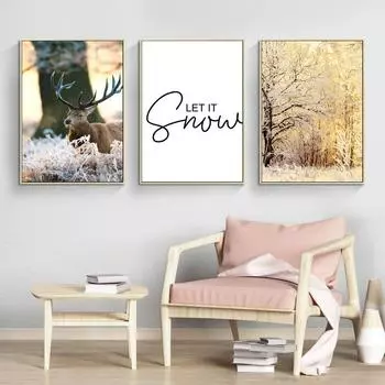 Скандинавская зимняя снежная сцена, цветок, дерево, олень, кабина, холст, картина, настенная живопись, домашний декор, пейзажный постер и принт 21cm30cm NoFrame